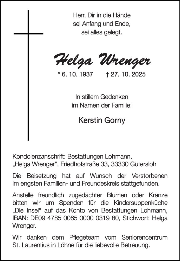  Traueranzeige für Helga Wrenger vom 08.11.2025 aus Die Glocke