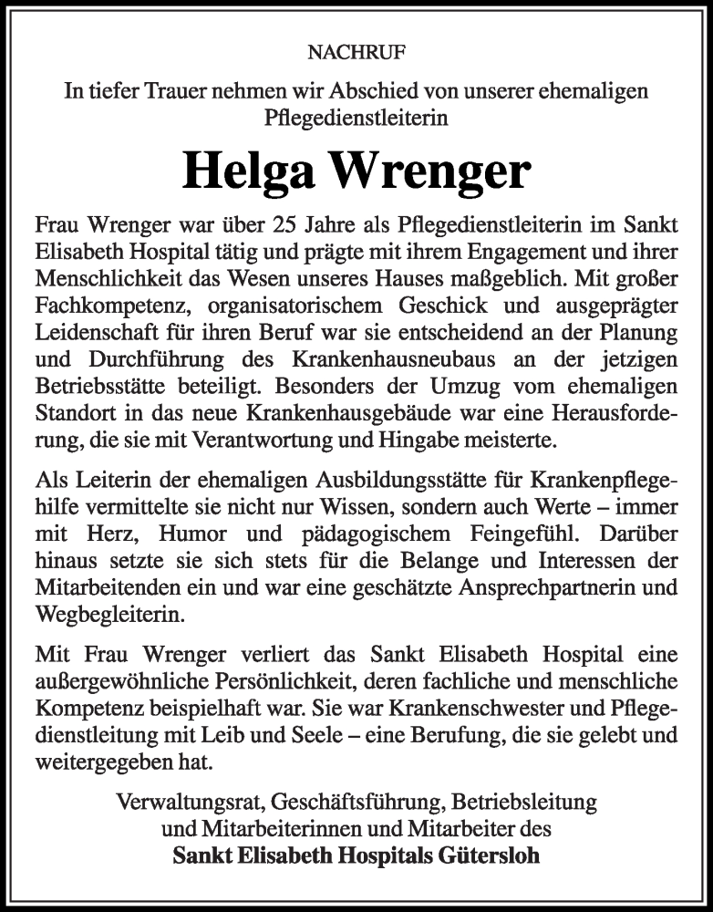  Traueranzeige für Helga Wrenger vom 22.11.2025 aus Die Glocke