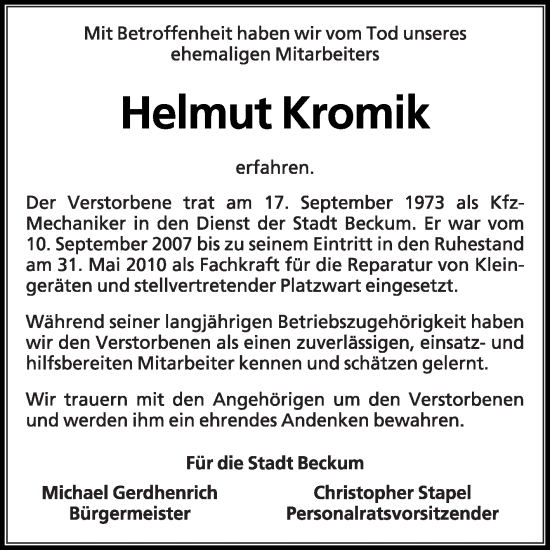 Traueranzeige von Helmut Kromik von Die Glocke