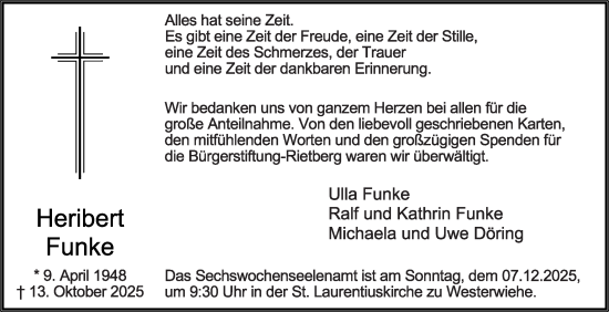 Traueranzeige von Heribert Funke von Die Glocke