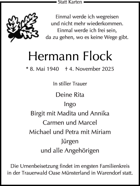 Traueranzeige von Hermann Flock von Die Glocke