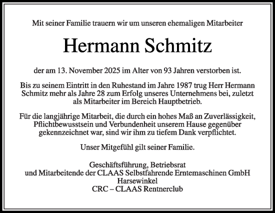 Traueranzeige von Hermann Schmitz von Die Glocke