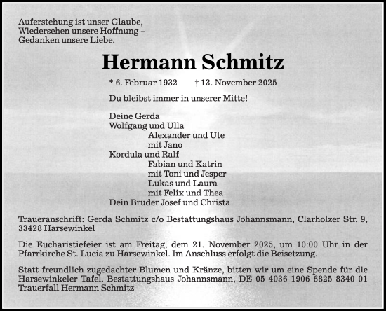 Traueranzeige von Hermann Schmitz von Die Glocke