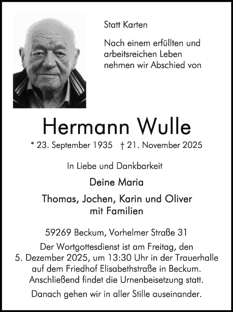  Traueranzeige für Hermann Wulle vom 29.11.2025 aus Die Glocke