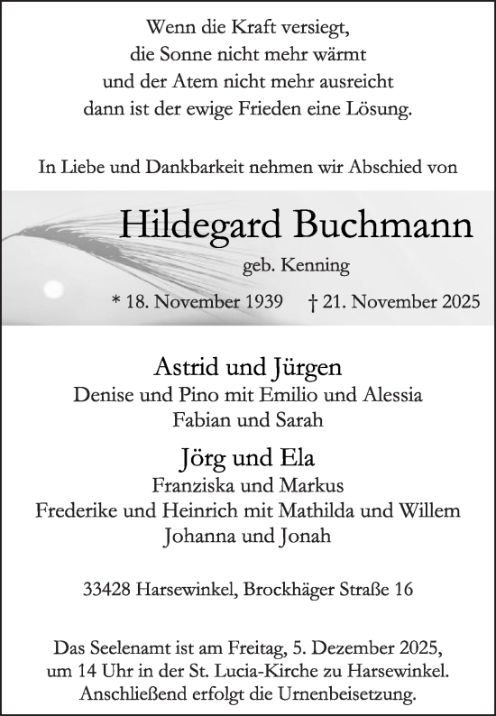 Traueranzeige von Hildegard Buchmann von Die Glocke