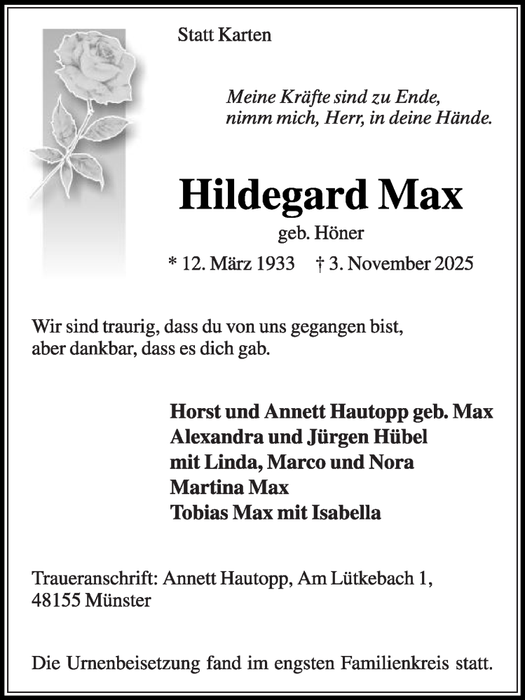  Traueranzeige für Hildegard Max vom 08.11.2025 aus Die Glocke