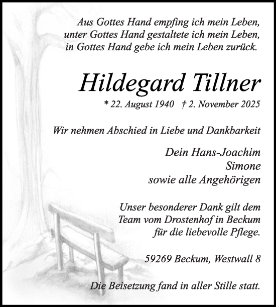 Traueranzeige von Hildegard Tillner von Die Glocke