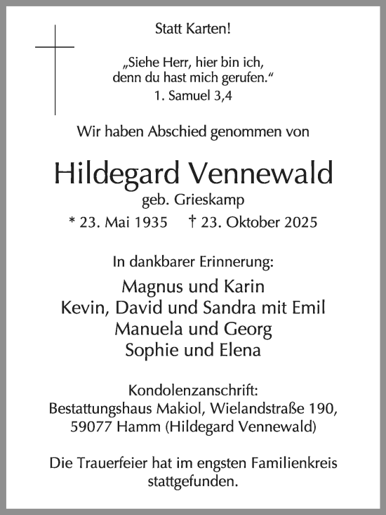 Traueranzeige von Hildegard Vennewald von Die Glocke