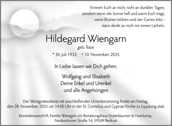 Traueranzeige von Hildegard Wiengarn von Die Glocke
