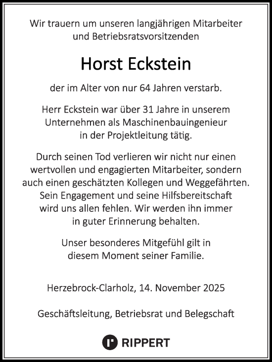 Traueranzeige von Horst Eckstein von Die Glocke