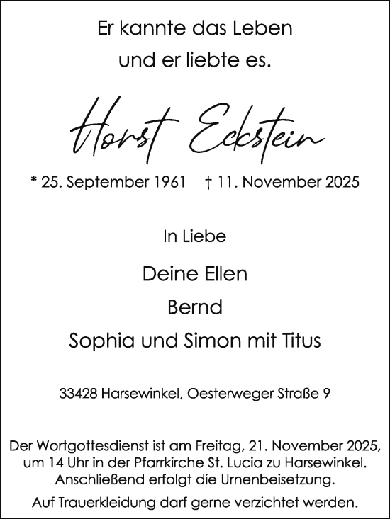 Traueranzeige von Horst Eckstein von Die Glocke