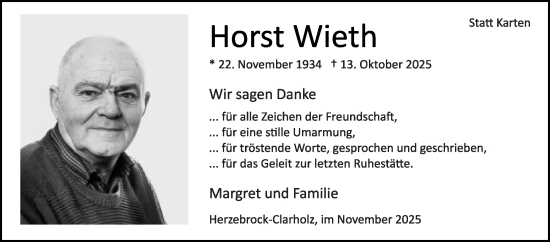 Traueranzeige von Horst Wieth von Die Glocke