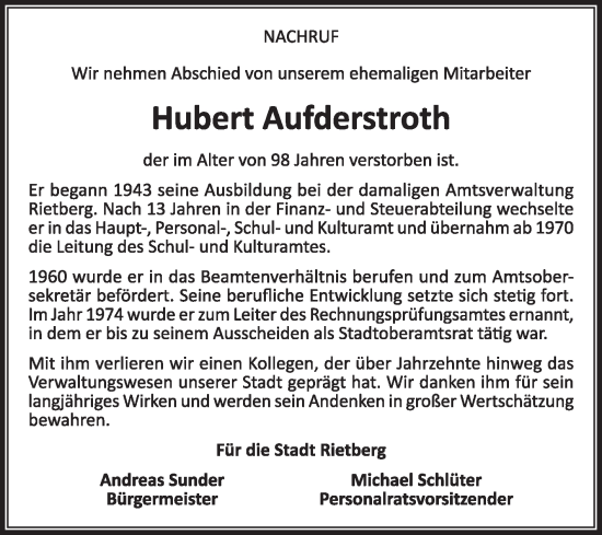 Traueranzeige von Hubert Aufderstroth von Die Glocke