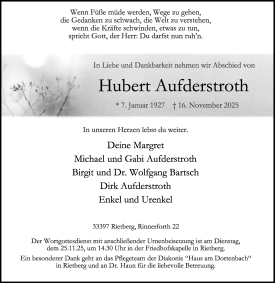 Traueranzeige von Hubert Aufderstroth von Die Glocke