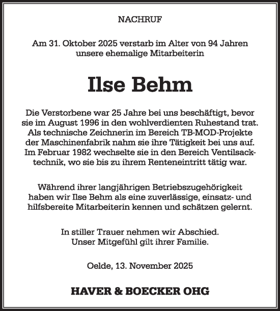 Traueranzeige von Ilse Behm von Die Glocke