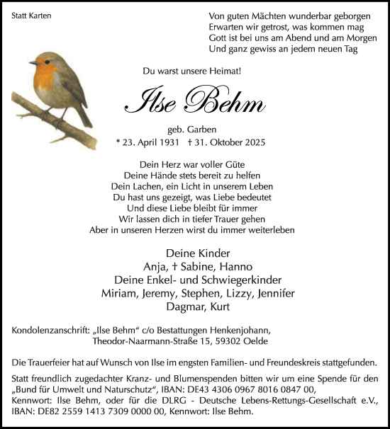 Traueranzeige von Ilse Behm von Die Glocke