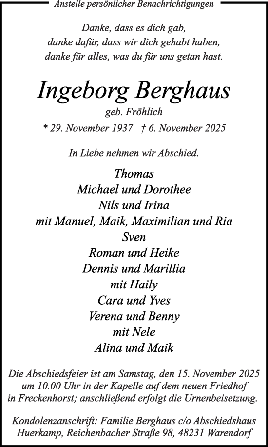 Traueranzeige von Ingeborg Berghaus von Die Glocke