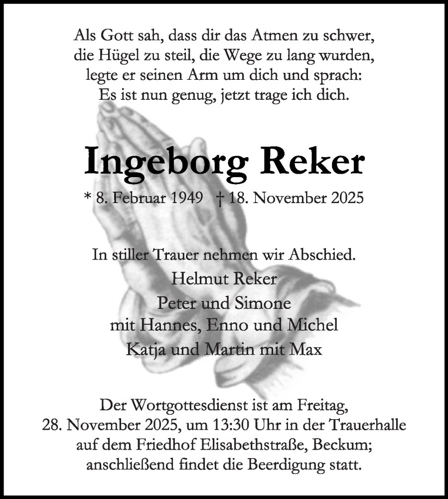  Traueranzeige für Ingeborg Reker vom 22.11.2025 aus Die Glocke