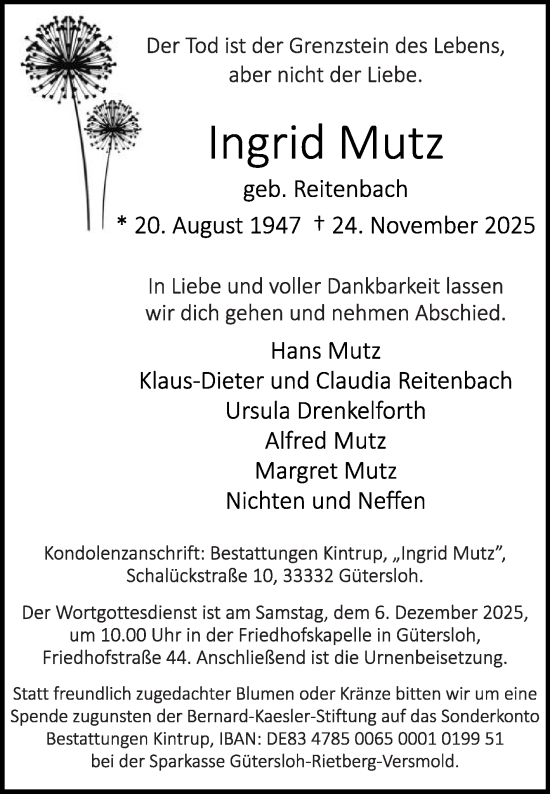 Traueranzeige von Ingrid Mutz von Die Glocke