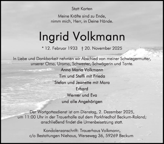 Traueranzeige von Ingrid Volkmann von Die Glocke