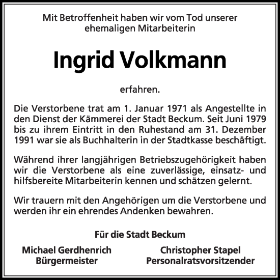 Traueranzeige von Ingrid Volkmann von Die Glocke
