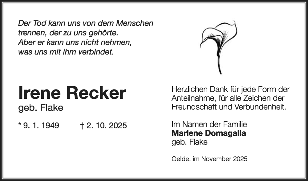  Traueranzeige für Irene Recker vom 22.11.2025 aus Die Glocke