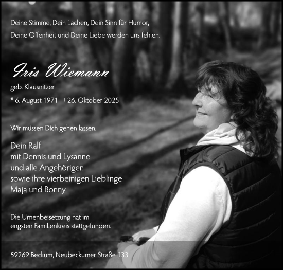 Traueranzeige von Iris Wiemann von Die Glocke