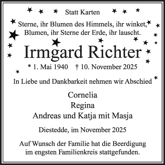 Traueranzeige von Irmgard Richter von Die Glocke