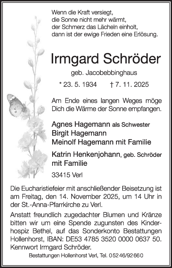 Traueranzeige von Irmgard Schröder von Die Glocke