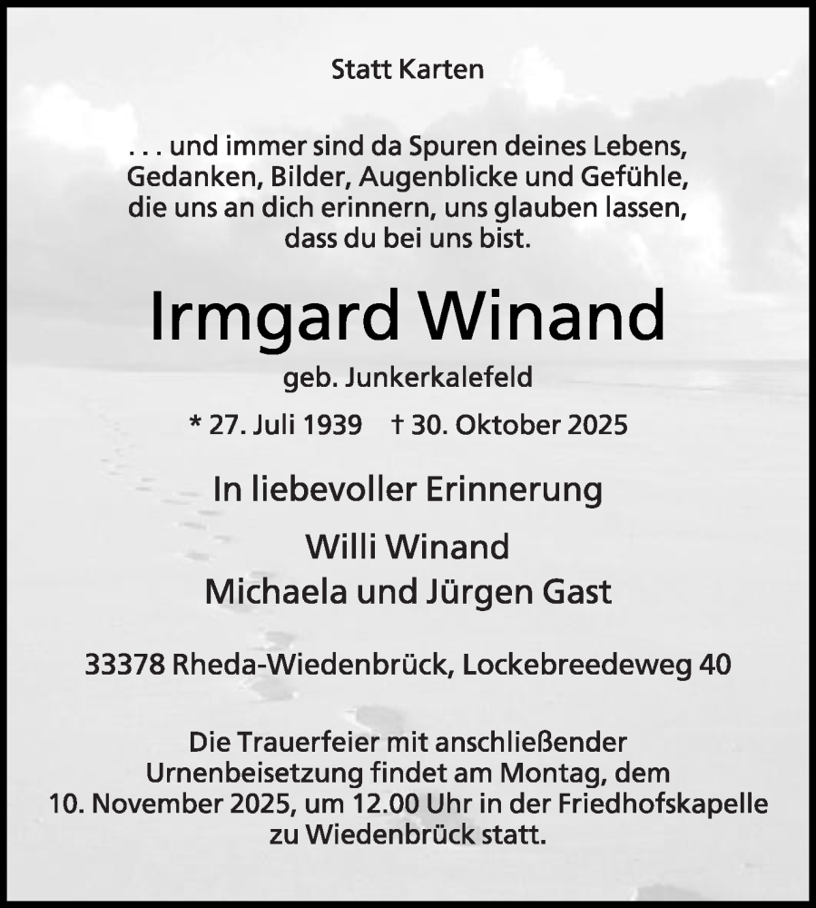  Traueranzeige für Irmgard Winand vom 05.11.2025 aus Die Glocke