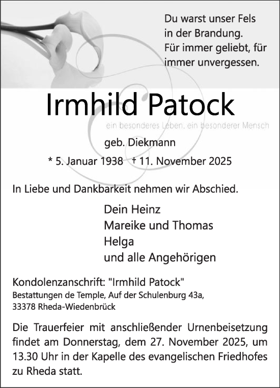 Traueranzeige von Irmhild Patock von Die Glocke