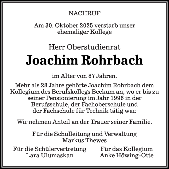 Traueranzeige von Joachim Rohrbach von Die Glocke