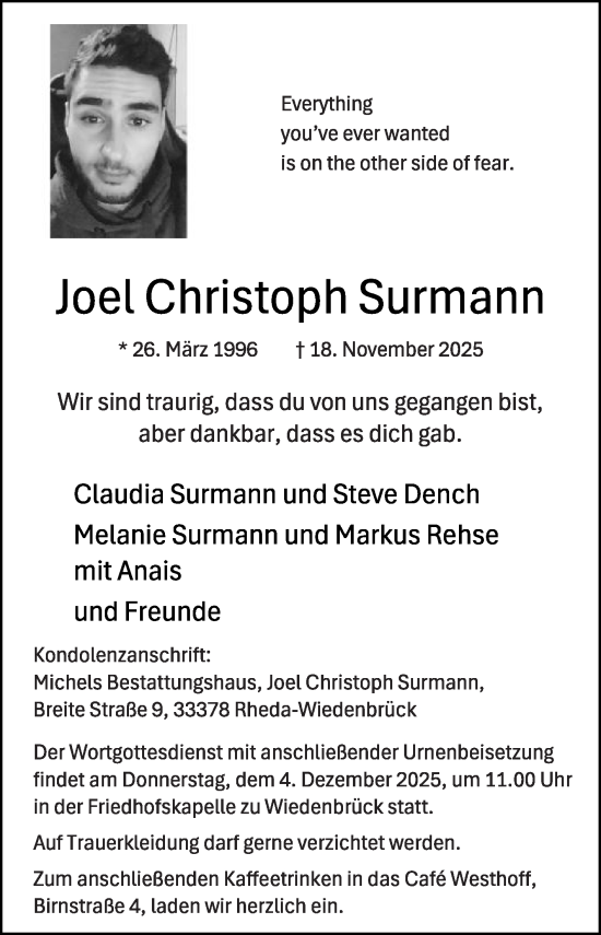 Traueranzeige von Joel Christoph Surmann von Die Glocke