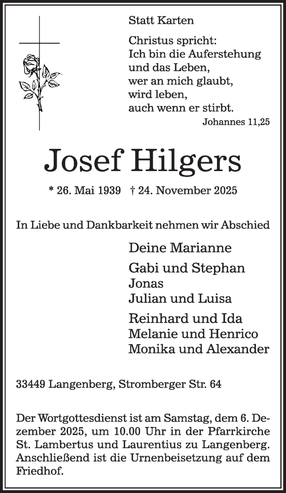  Traueranzeige für Josef Hilgers vom 29.11.2025 aus Die Glocke