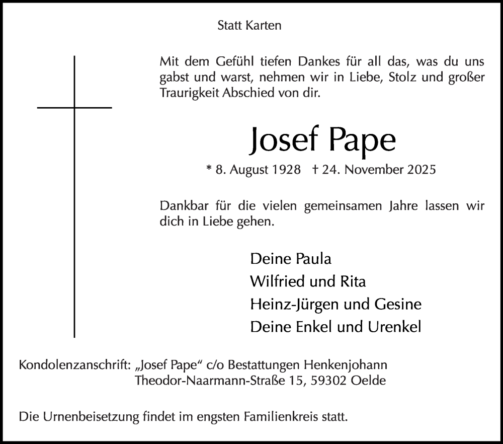  Traueranzeige für Josef Pape vom 29.11.2025 aus Die Glocke
