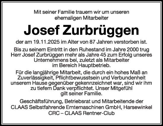 Traueranzeige von Josef Zurbrüggen von Die Glocke