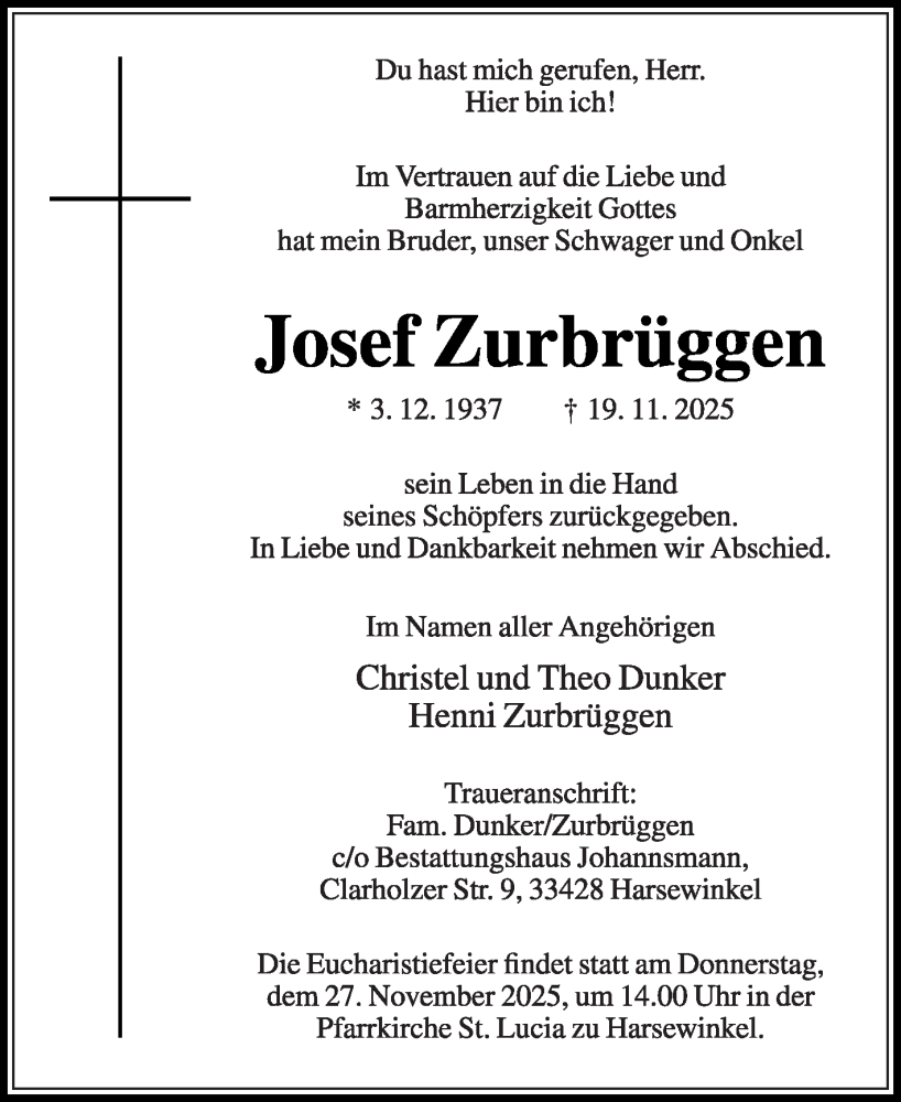  Traueranzeige für Josef Zurbrüggen vom 22.11.2025 aus Die Glocke