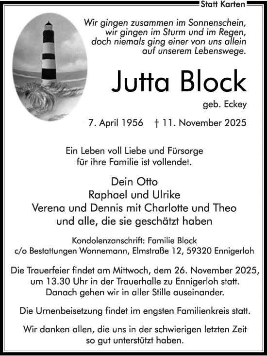 Traueranzeige von Jutta Block von Die Glocke