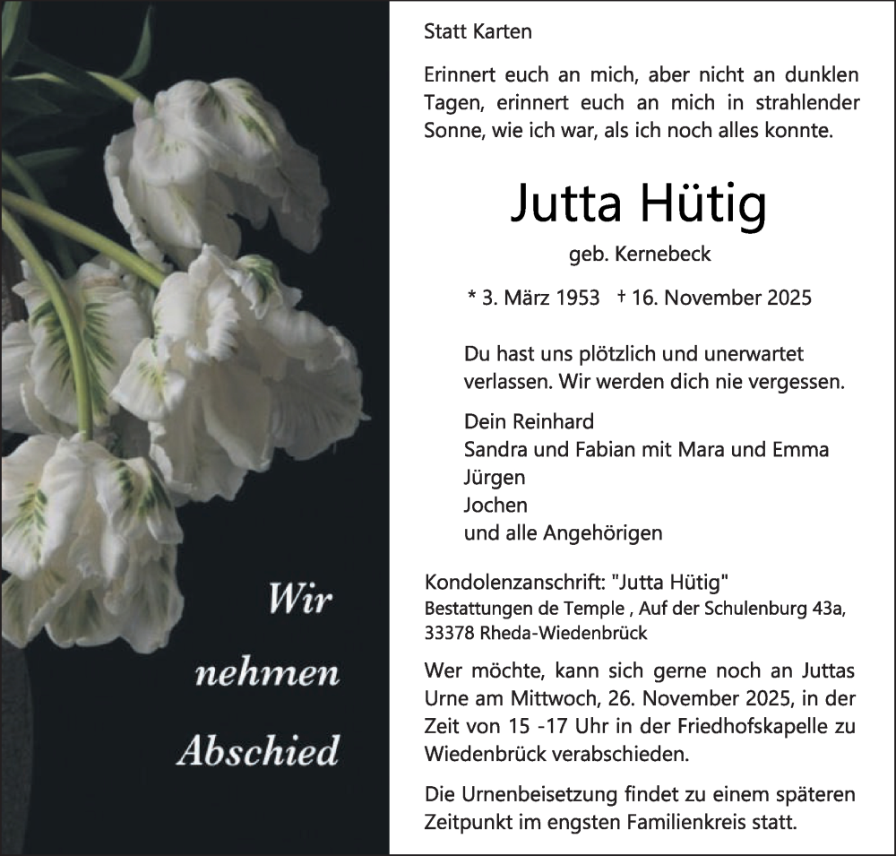 Traueranzeige für Jutta Hütig vom 22.11.2025 aus Die Glocke