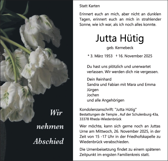 Traueranzeige von Jutta Hütig von Die Glocke