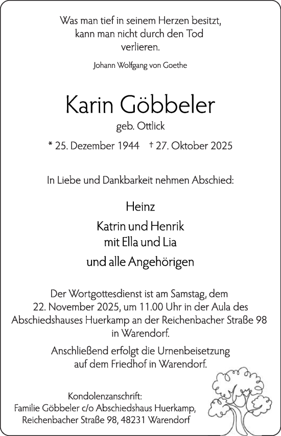 Traueranzeige von Karin Göbbeler von Die Glocke