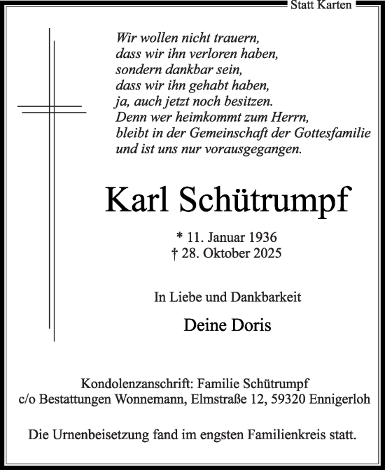 Traueranzeige von Karl Schütrumpf von Die Glocke