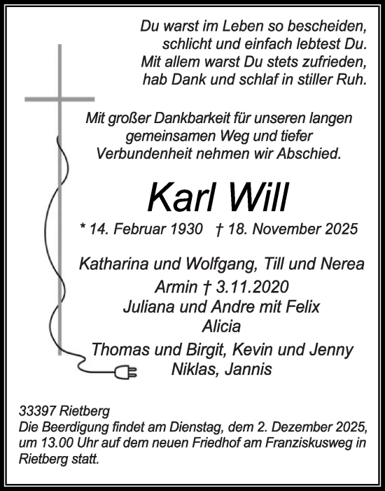 Traueranzeige von Karl Will von Die Glocke