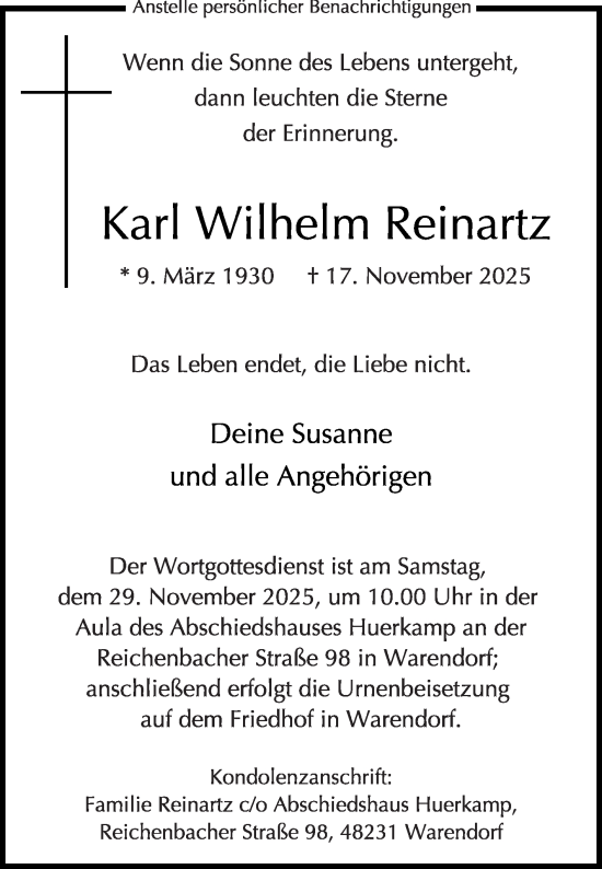 Traueranzeige von Karl Wilhelm Reinartz von Die Glocke