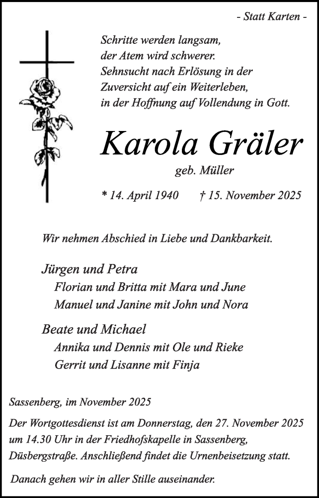  Traueranzeige für Karola Gräler vom 19.11.2025 aus Die Glocke