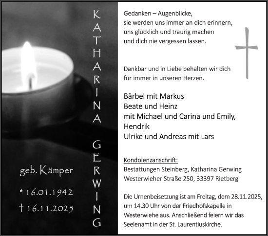 Traueranzeige von Katharina Gerwing von Die Glocke