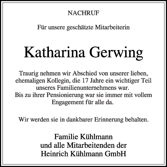 Traueranzeige von Katharina Gerwing von Die Glocke