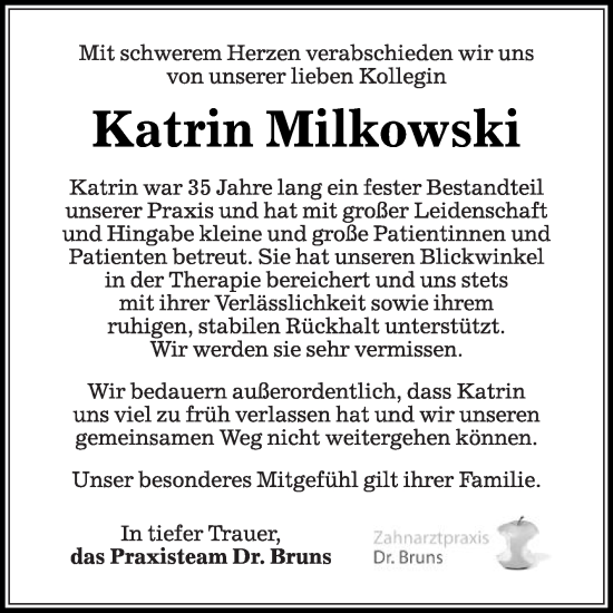 Traueranzeige von Katrin Milkowski von Die Glocke