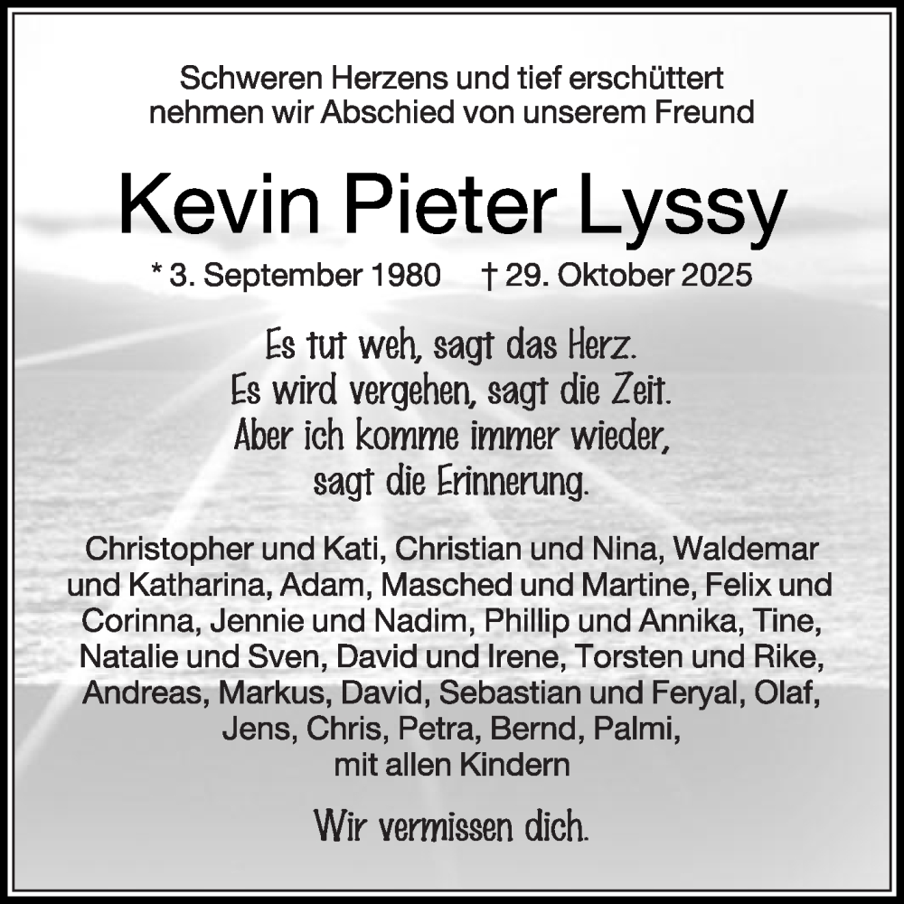  Traueranzeige für Kevin Pieter Lyssy vom 15.11.2025 aus Die Glocke