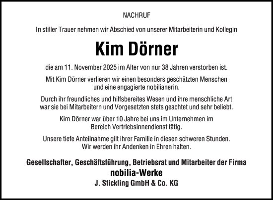 Traueranzeige von Kim Dörner von Die Glocke